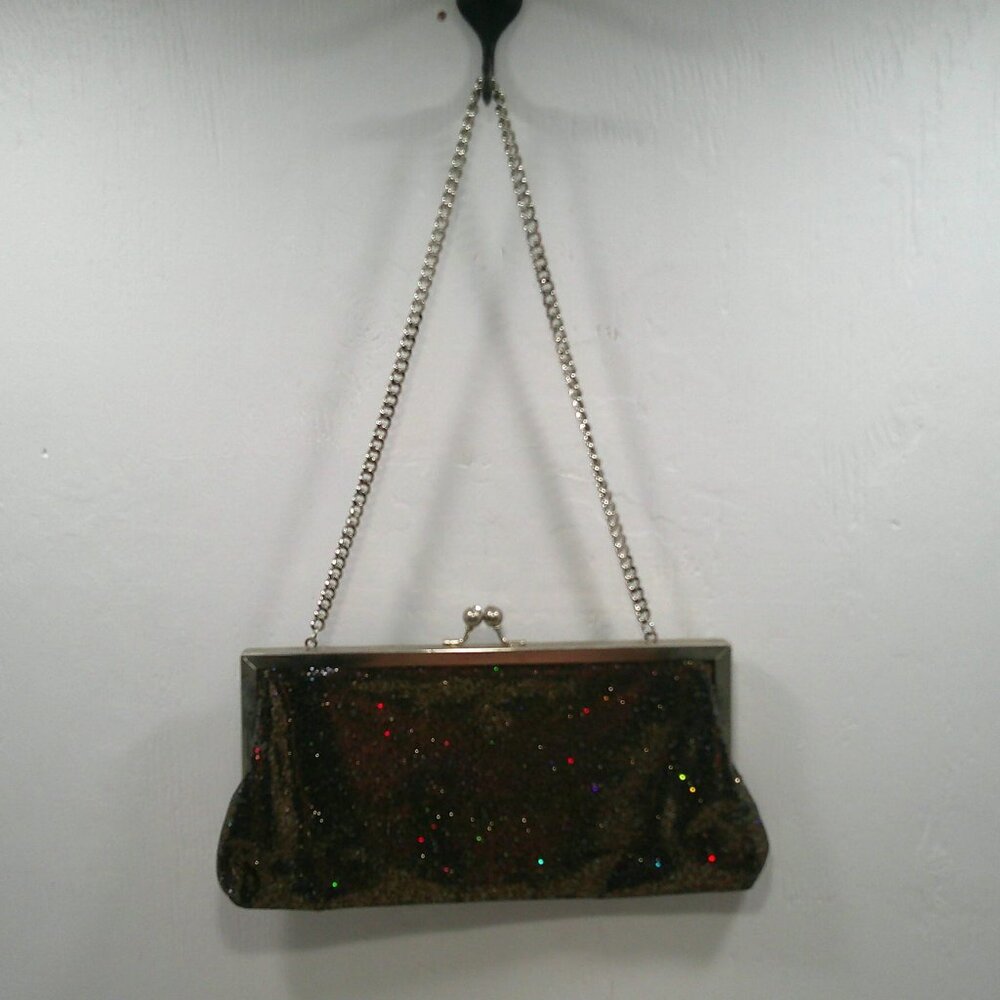 Cookie Lee Small Clutch with Chain Bronze Sequenced w/ Clasp Closure